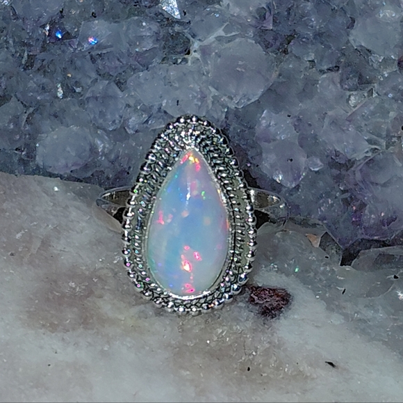 Ethiopian Opal Teardrop Shaped Ring Size 7.25